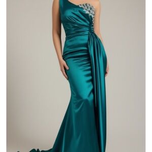 Teal One Shoulder Evening Gown